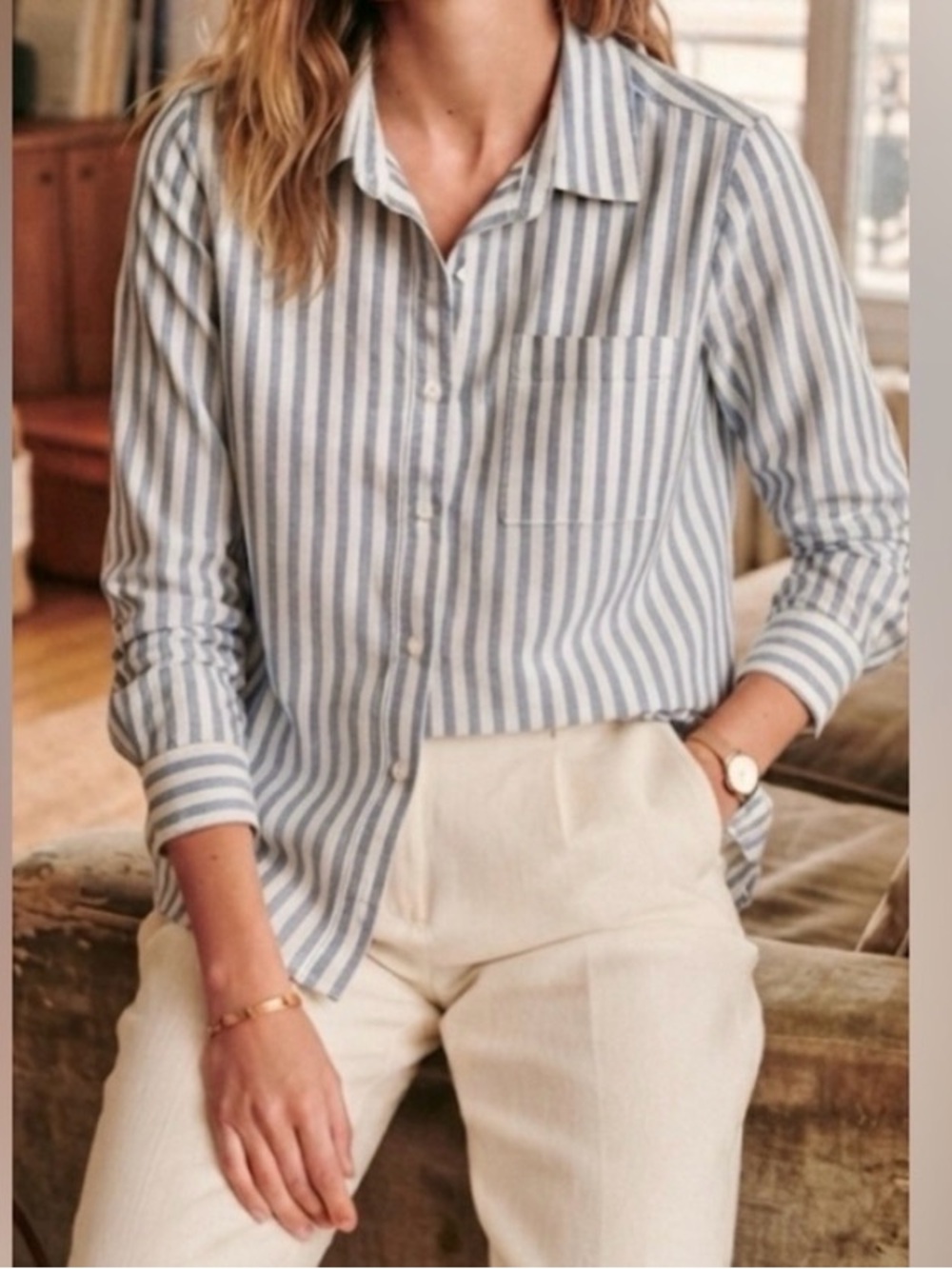 #5)  Lola River Green & White Vertical Stripe Button-Down Shirt